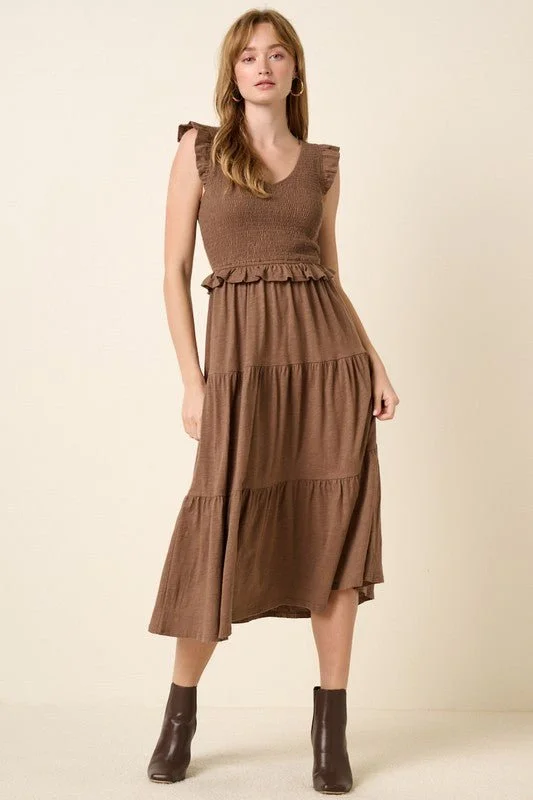 Midi dresses with denim fabric for a casual yet stylish day out Smocked Ruffled Tiered Midi Dress