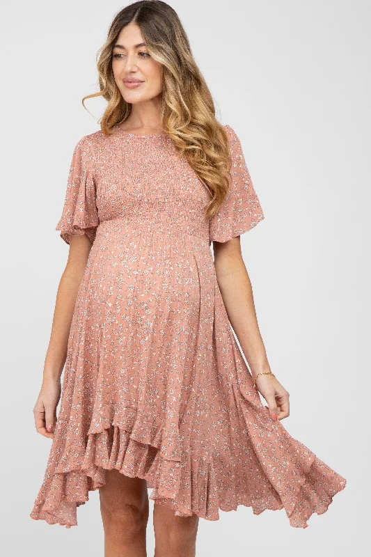 V neck maternity bodycon dress for photoshoot Mauve Floral Smocked Ruffle Maternity Dress V neck maternity bodycon dress for photoshoot Mauve Floral Smocked Ruffle Maternity Dress