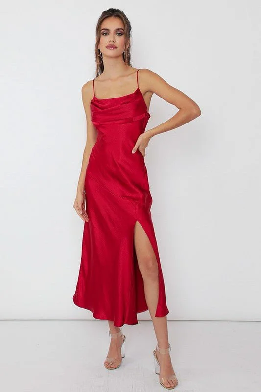 Maxi - inspired midi dresses with flowing fabrics for a beachy vibe Red Satin Side Slit Midi Dress Maxi - inspired midi dresses with flowing fabrics for a beachy vibe Red Satin Side Slit Midi Dress