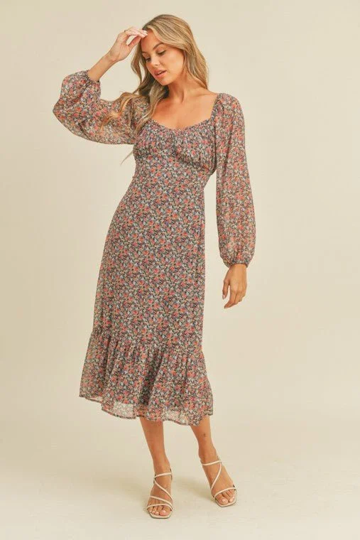 Midi dresses with belted waists to accentuate the figure Floral Print Midi Dress