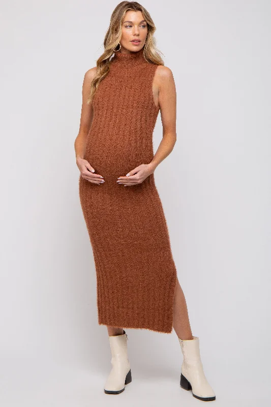 Maternity dress for a baby's first visit to the community garden Camel Fuzzy Knit Sleeveless Turtle Neck Maternity Midi Dress Maternity dress for a baby's first visit to the community garden Camel Fuzzy Knit Sleeveless Turtle Neck Maternity Midi Dress