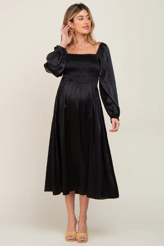 Maternity dress for a baby's first visit to the theater Black Smocked Square Neck Satin Maternity Midi Dress Maternity dress for a baby's first visit to the theater Black Smocked Square Neck Satin Maternity Midi Dress