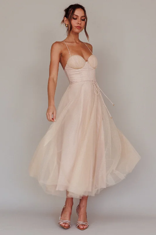 Midi dresses with abstract art prints for an artistic statement Smitten Sweetheart Neckline Chiffon Midi Dress Champagne