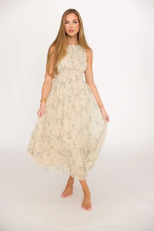 Midi dresses with polka dot prints for a playful summer outfit Alaina Floral Print Smocked Midi Dress in Blue Multi