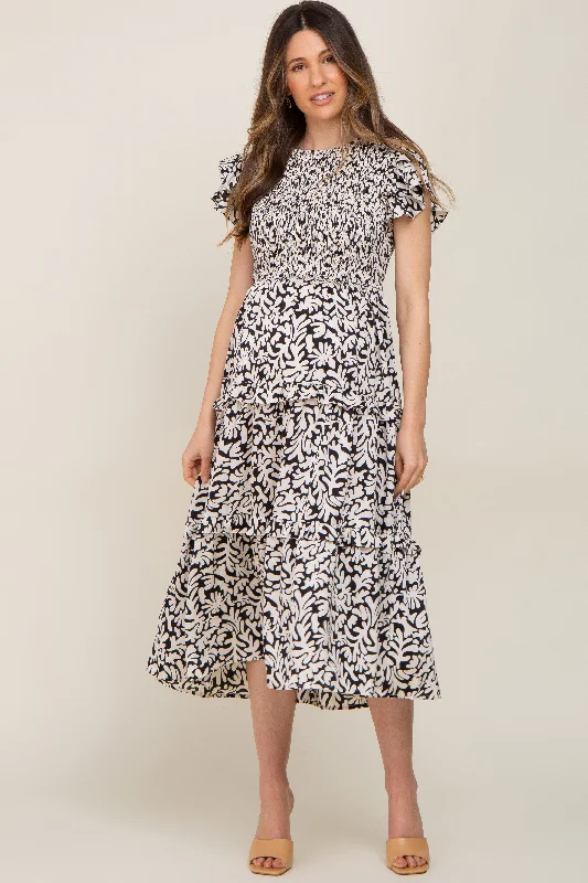 Maternity dress for a baby's first visit to the water garden Black Smocked Ruffle Tiered Maternity Midi Dress Maternity dress for a baby's first visit to the water garden Black Smocked Ruffle Tiered Maternity Midi Dress