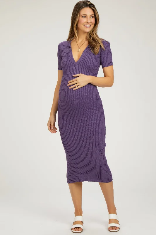 Maternity dress for a baby's first visit to the planetarium Purple Ribbed Collared V-Neck Maternity Midi Dress Maternity dress for a baby's first visit to the planetarium Purple Ribbed Collared V-Neck Maternity Midi Dress
