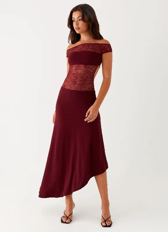 Everyday Dress with Tie - dye Print for a Retro Look Francoise Lace Midi Dress - Burgundy Everyday Dress with Tie - dye Print for a Retro Look Francoise Lace Midi Dress - Burgundy