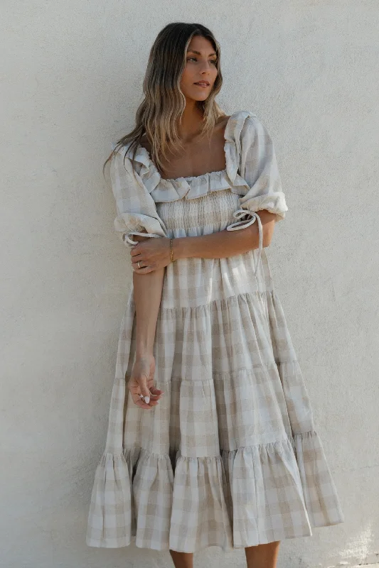 Midi dresses with V - necklines for a flattering and elongating effect Clea Dress in Natural Plaid - Bump Friendly