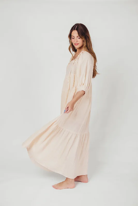 Midi dresses with ruched sleeves for a more fitted and stylish arm look Goddess 100% Cotton Babydoll Maxi Dress in Blush - Bump Friendly
