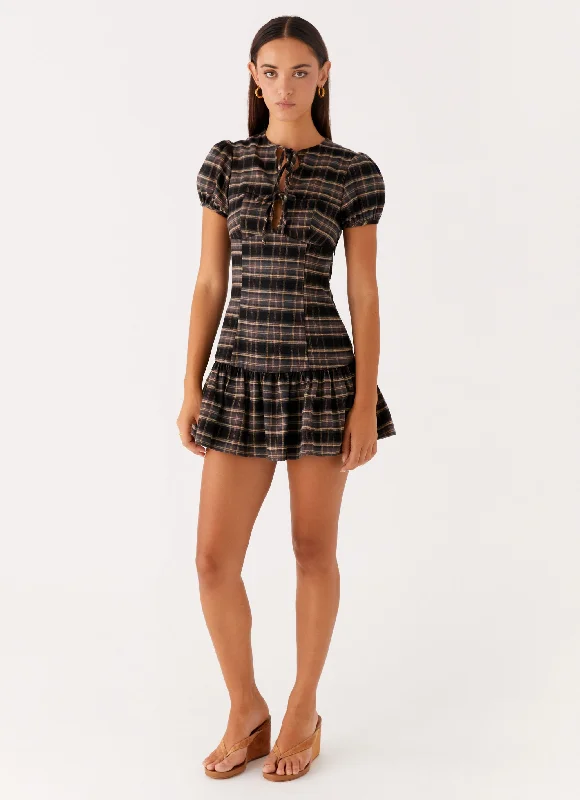 Mini dresses with criss - cross backs for a flirty look Taylor Keyhole Mini Dress - Brown Check Mini dresses with criss - cross backs for a flirty look Taylor Keyhole Mini Dress - Brown Check