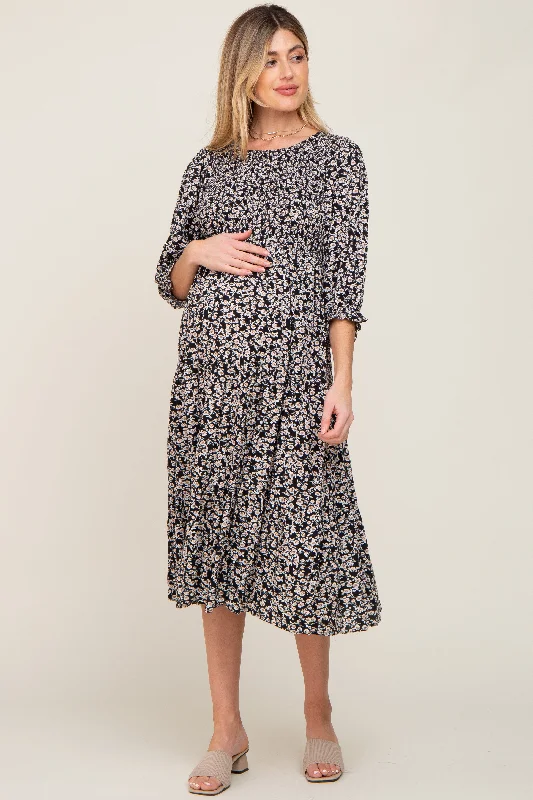 Maternity dress for a baby's first visit to the nature reserve Black Floral Smocked 3/4 Sleeve Maternity Midi Dress Maternity dress for a baby's first visit to the nature reserve Black Floral Smocked 3/4 Sleeve Maternity Midi Dress