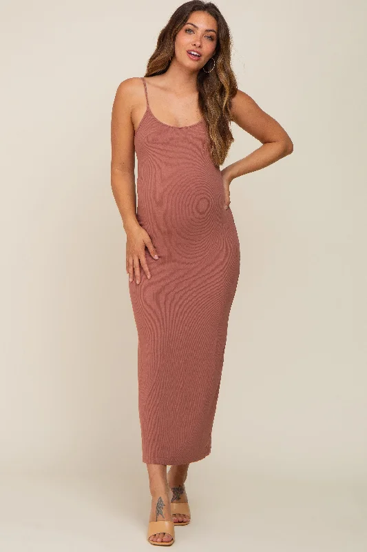 Maternity dress for a baby's first trip to the zoo Mauve Ribbed Basic Maternity Midi Dress Maternity dress for a baby's first trip to the zoo Mauve Ribbed Basic Maternity Midi Dress