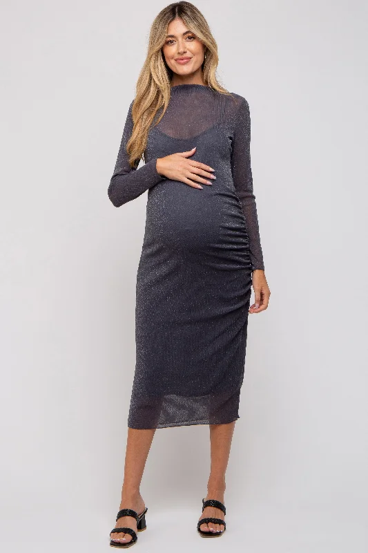 Maternity dress for a baby's first visit to the rose garden Charcoal Shimmer Mesh Long Sleeve Ruched Maternity Midi Dress Maternity dress for a baby's first visit to the rose garden Charcoal Shimmer Mesh Long Sleeve Ruched Maternity Midi Dress