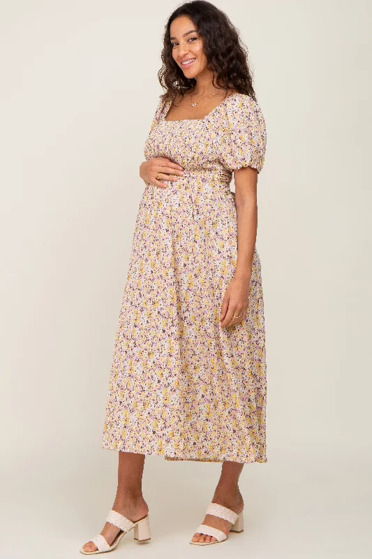 Maternity dress for a baby's first visit to the secret garden Yellow Abstract Floral Smocked Maternity Midi Dress Maternity dress for a baby's first visit to the secret garden Yellow Abstract Floral Smocked Maternity Midi Dress
