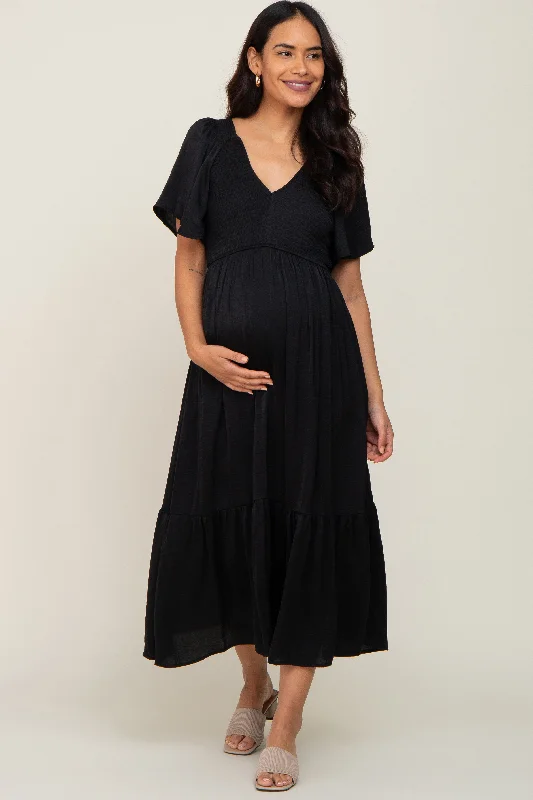 Maternity dress for a baby's baptism Black Satin Smocked Maternity Midi Dress
