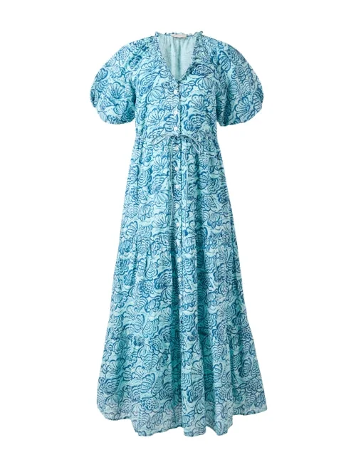 Everyday Dress with Tiered Skirt for a Voluminous Look Poppy Aqua Print Cotton Dress Everyday Dress with Tiered Skirt for a Voluminous Look Poppy Aqua Print Cotton Dress