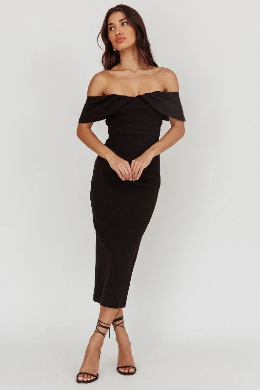 Midi dresses with gathered skirts for a full and flowing silhouette Lillianne Off-Shoulder Midi Dress Black