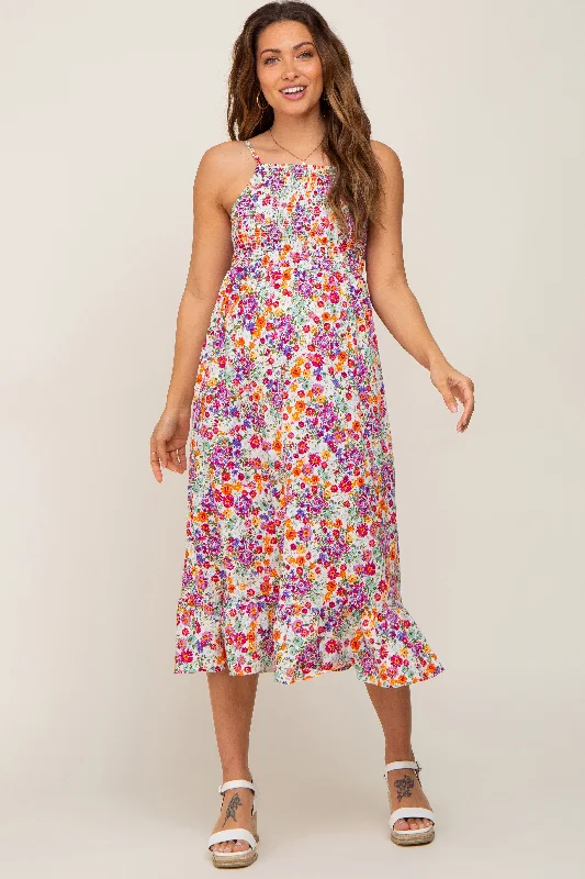 Maternity dress for a baby's first bus ride Fuchsia Floral Smocked Maternity Midi Dress Maternity dress for a baby's first bus ride Fuchsia Floral Smocked Maternity Midi Dress