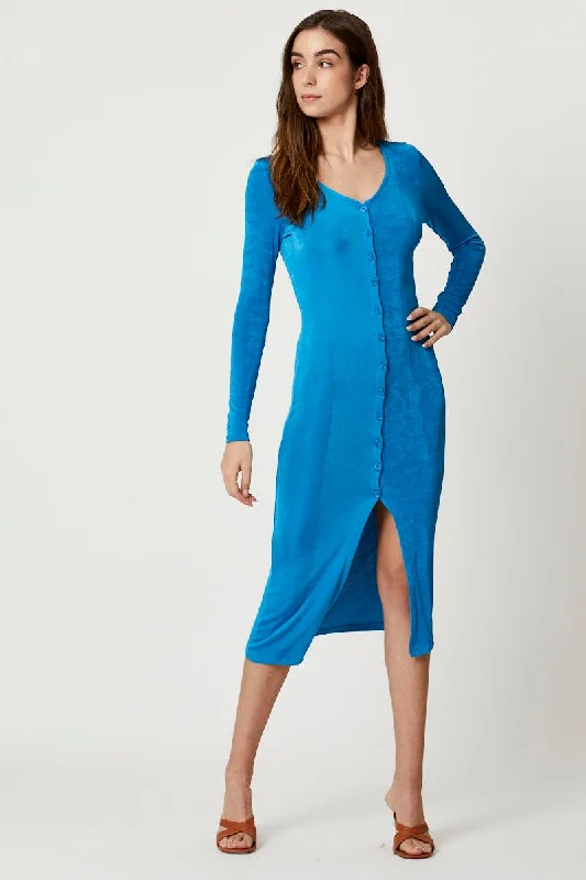 Midi dresses with ruffled hems for a romantic date night Blue Button Front Slinky Midi Dress