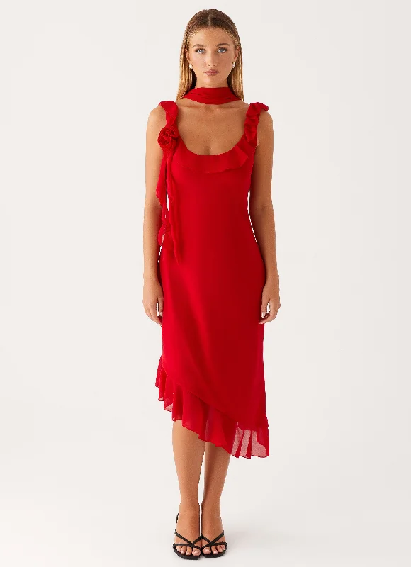 Everyday Silk - like Dress with Flowy Skirt​ Fariday Midi Dress - Red