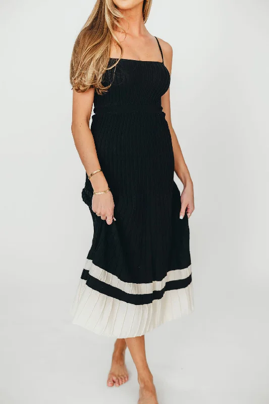 Midi dresses with patchwork patterns for a one - of - a - kind style Kenzie Ribbed Knit Dress in Black/Ecru - Bump Friendly