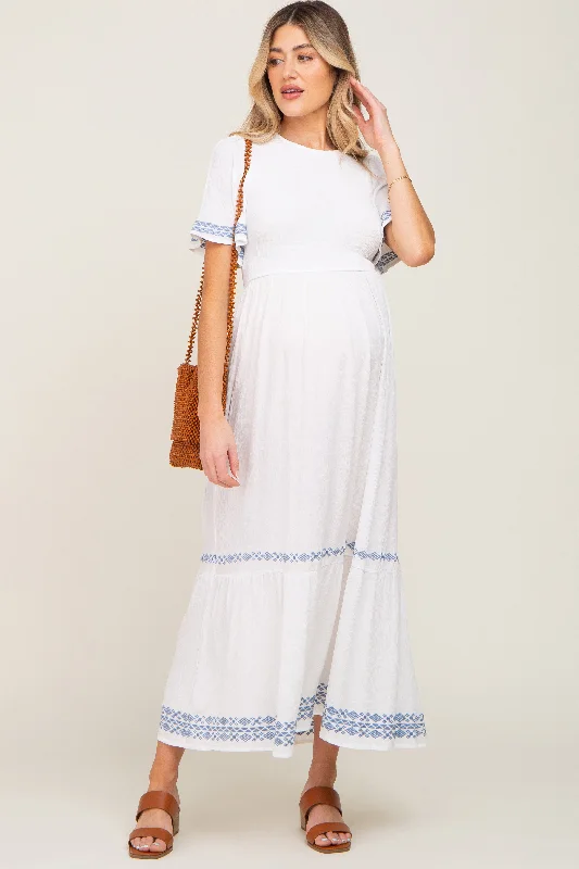 Maternity dress for a baby's first visit to the winery White Embroidered Accent Maternity Maxi Dress Maternity dress for a baby's first visit to the winery White Embroidered Accent Maternity Maxi Dress
