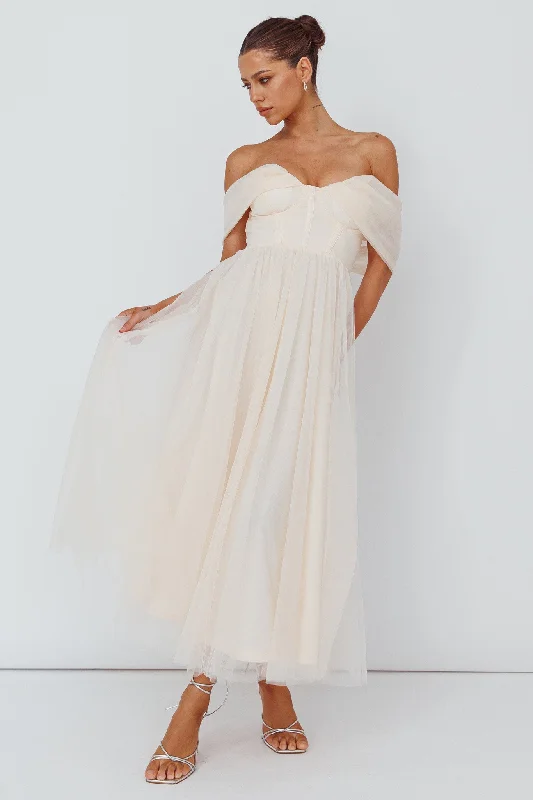 Midi dresses with button - front designs for a classic touch Dreamers & Lovers Off-Shoulder Maxi Dress Vanilla