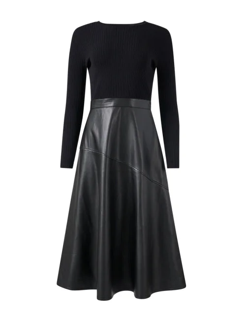 Everyday Dress with Elastic - cuffed Sleeves for a Casual Look​ Lonnie Black Knit Leather Dress