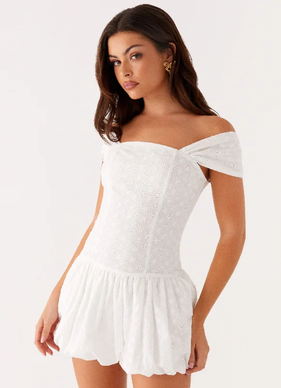 Mini dresses with asymmetric hems for a fashion - forward look Vida Off Shoulder Mini Dress - White Mini dresses with asymmetric hems for a fashion - forward look Vida Off Shoulder Mini Dress - White