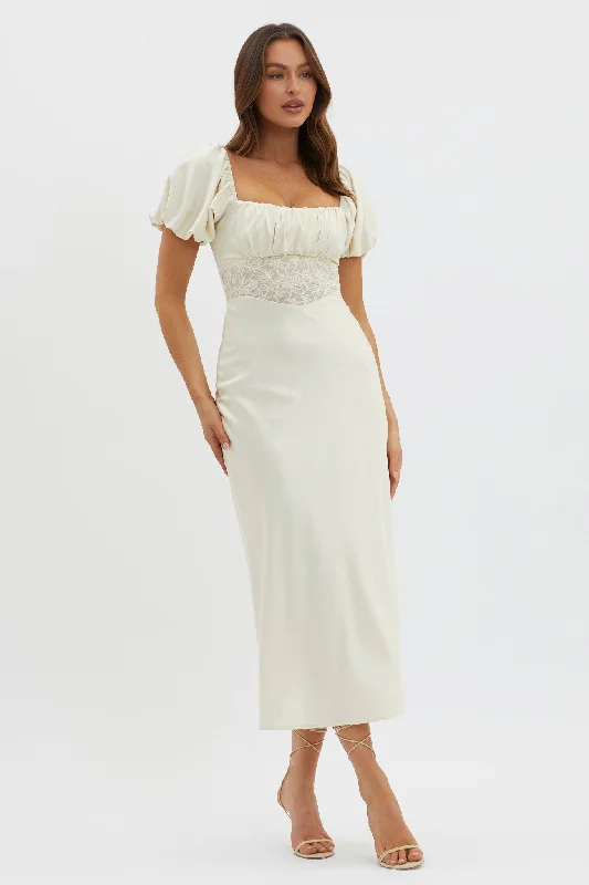 Midi dresses with wrap - around skirts for a customizable fit Allianna Puff Sleeve Lace Waist Midi Dress Butter
