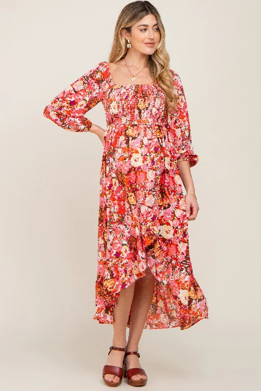 Maternity denim dress for a casual vibe Coral Multi-Color Floral Smocked Maternity Hi-Lo Dress Maternity denim dress for a casual vibe Coral Multi-Color Floral Smocked Maternity Hi-Lo Dress