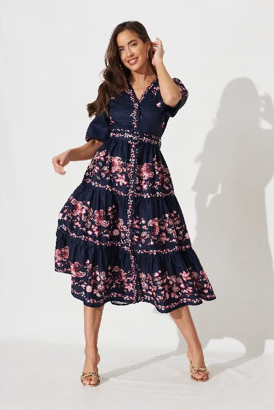  Piper Midi Dress In Navy With Blush Floral