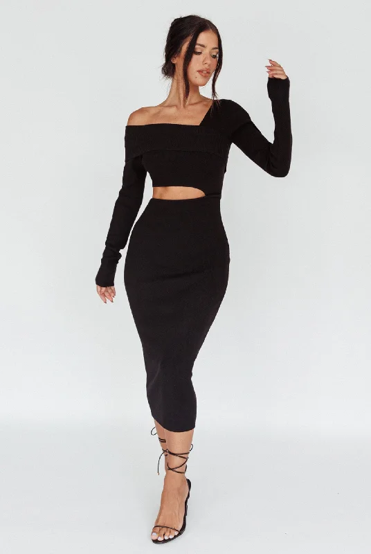 Midi dresses with printed lining for a hidden and stylish detail Tamar Long Sleeve One-Shoulder Midi Dress Black
