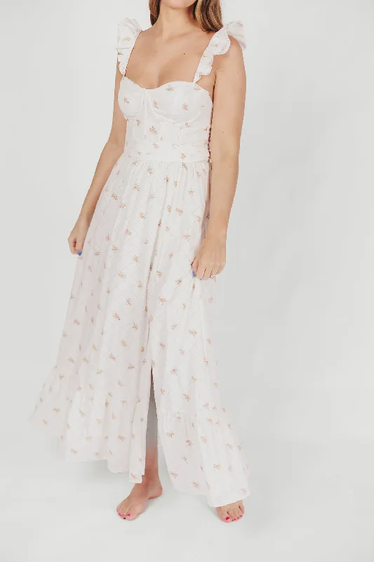 Midi dresses with metallic threads for a glamorous evening event Rosamund Bustier-Style Maxi Dress in White/Orange Floral - Inclusive Sizing (S-XL)