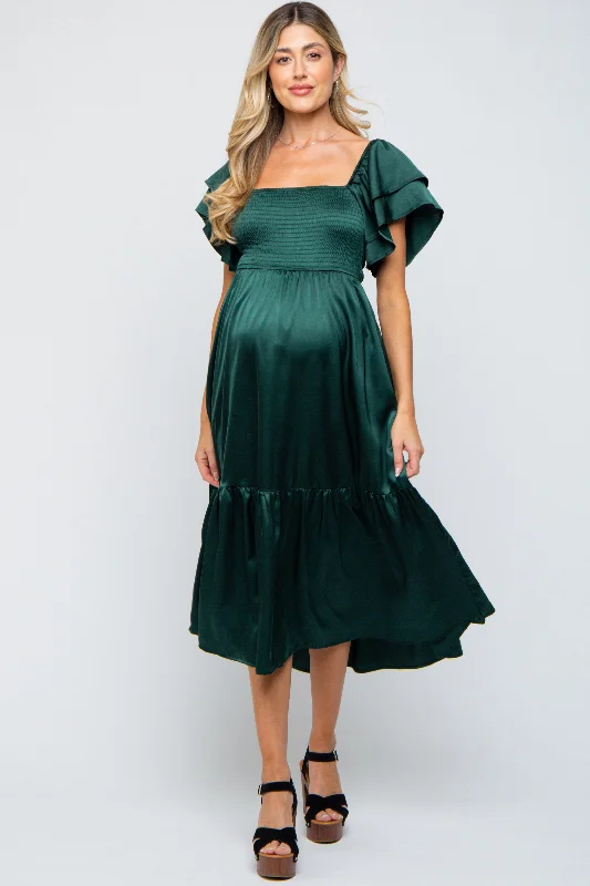 Maternity dress for a baby's first visit to the vegetable garden Forest Green Satin Flutter Sleeve Maternity Midi Dress