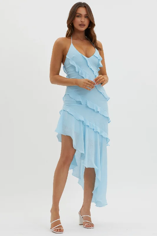 Midi dresses with embroidered accents for a unique and detailed design Arrabel Tiered Ruffle Asymmetric Midi Dress Blue Midi dresses with embroidered accents for a unique and detailed design Arrabel Tiered Ruffle Asymmetric Midi Dress Blue