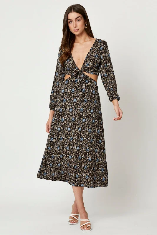 Midi dresses with off - the - shoulder necklines for a flirty look Print Long Sleeve Cut Out Dress