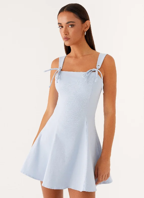 Everyday Dress with Darted Bodice for a Flattering Fit Jamaya Tie Mini Dress - Blue Everyday Dress with Darted Bodice for a Flattering Fit Jamaya Tie Mini Dress - Blue