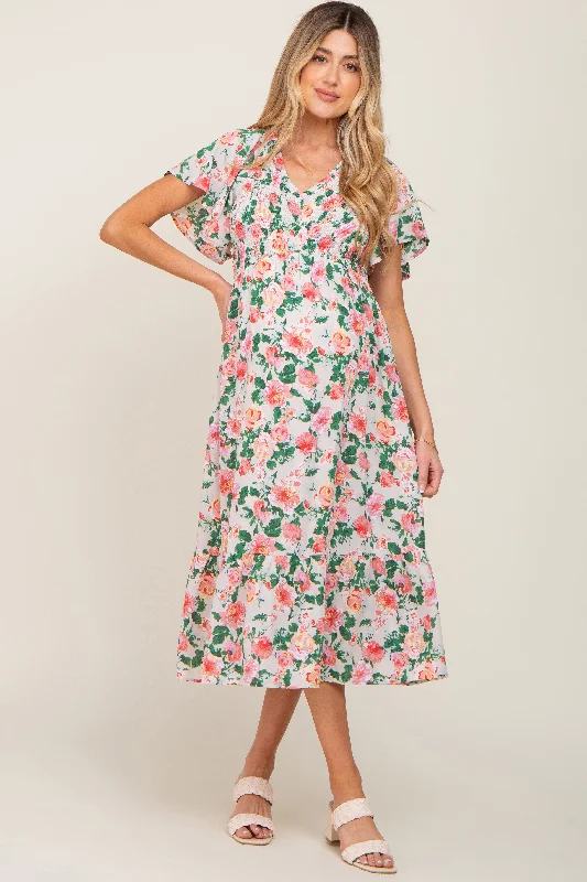 Maternity dress for a baby's baptism Cream Floral Smocked Flutter Sleeve Maternity Midi Dress Maternity dress for a baby's baptism Cream Floral Smocked Flutter Sleeve Maternity Midi Dress