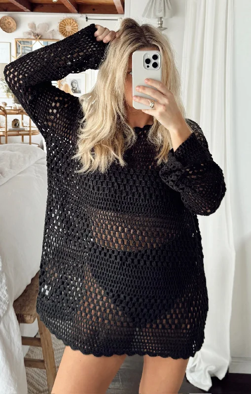 Mini dresses with wrap - around styles Paula Pullover ~ Black Crochet