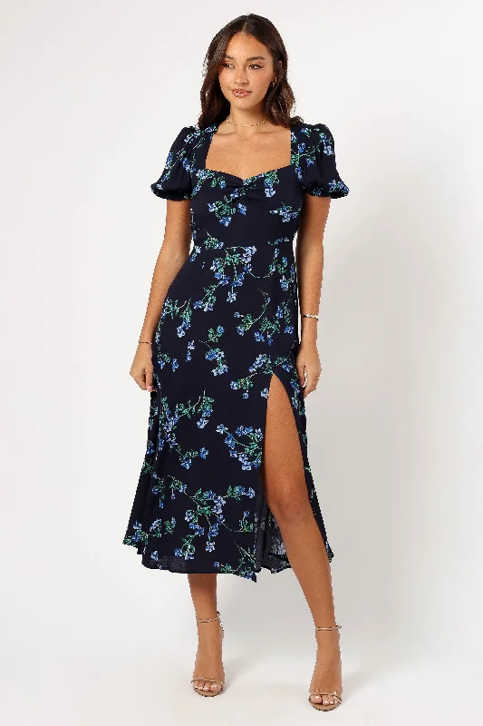 Midi dresses with side slits for a sexy and elegant appearance Hendrix Midi Dress - Midnight Blues