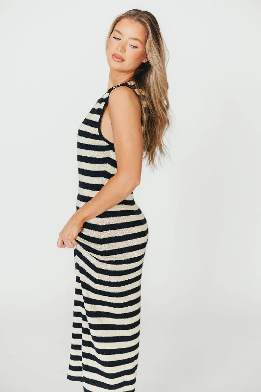 Velvet midi dresses in jewel tones for a glamorous winter event Elsie Knit Midi Dress in Black/Natural Stripe