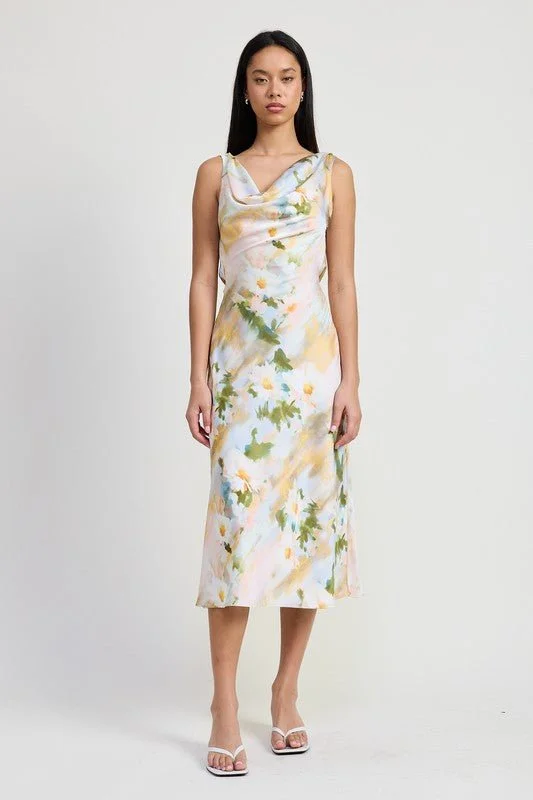 Sheath midi dresses with beaded embellishments for a formal occasion Floral Midi Cowl Neck Dress