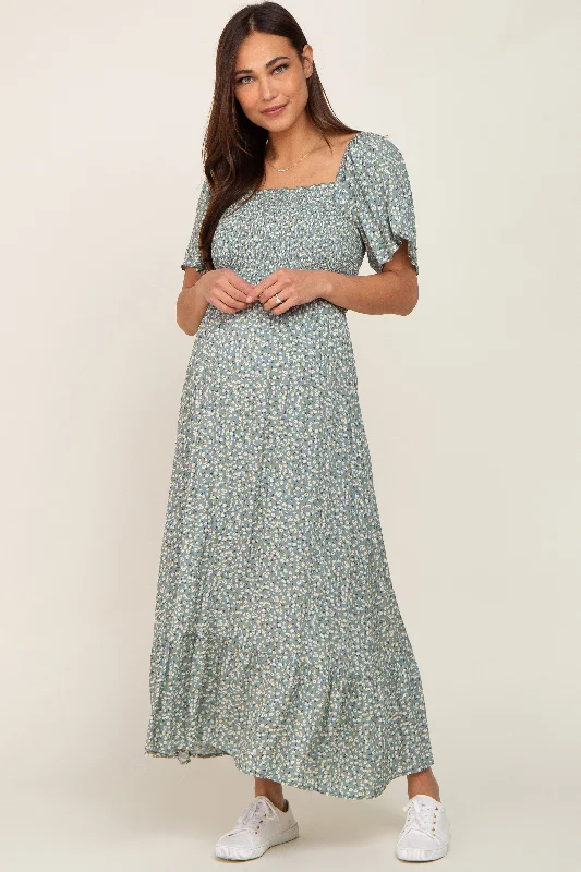 Maternity dress for a winter wonderland event Mint Green Floral Smocked Flounce Sleeve Maternity Maxi Dress Maternity dress for a winter wonderland event Mint Green Floral Smocked Flounce Sleeve Maternity Maxi Dress