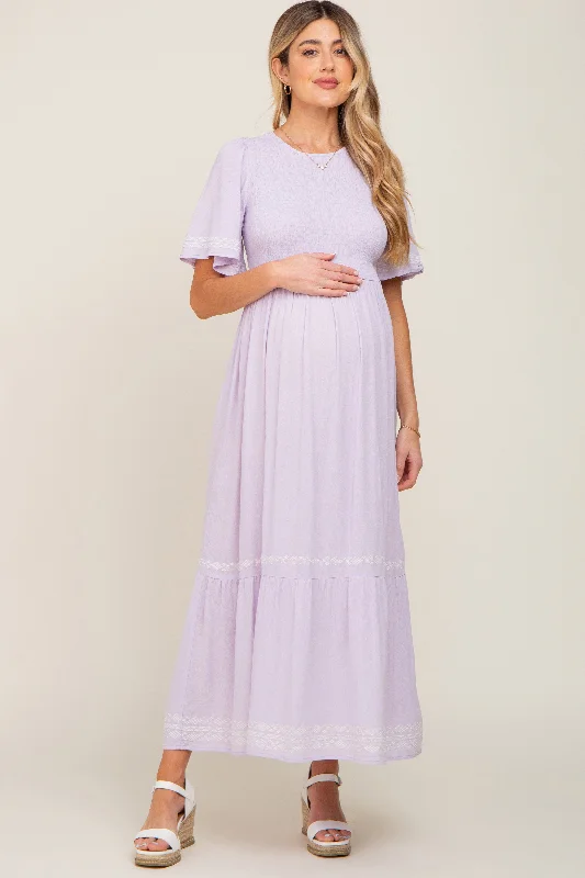 Maternity dress for a baby's first visit to the magic show Lavender Embroidered Accent Maternity Maxi Dress Maternity dress for a baby's first visit to the magic show Lavender Embroidered Accent Maternity Maxi Dress