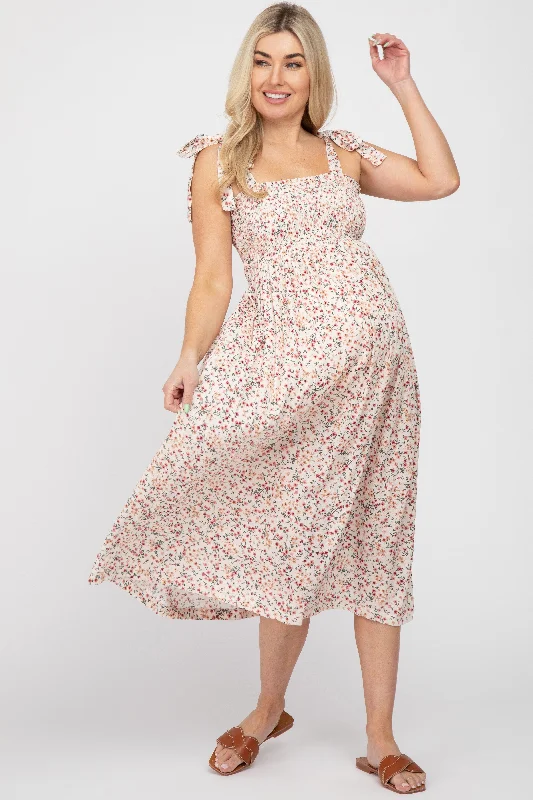Maternity dress for a baby's first visit to the vertical garden Cream Floral Smocked Tie Strap Maternity Midi Dress Maternity dress for a baby's first visit to the vertical garden Cream Floral Smocked Tie Strap Maternity Midi Dress