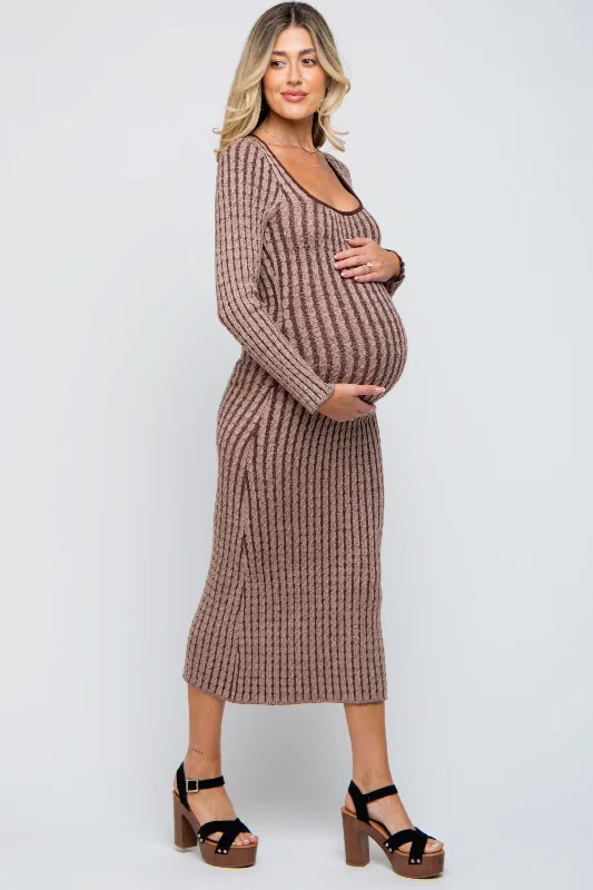 Maternity dress for a winter wonderland event Brown Cable Knit Maternity Fitted Midi Dress Maternity dress for a winter wonderland event Brown Cable Knit Maternity Fitted Midi Dress