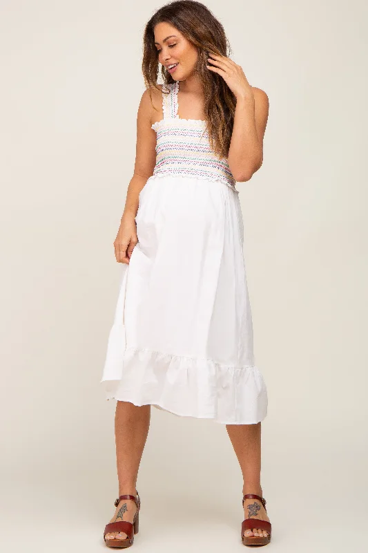 Maternity dress for a baby's first birthday party White Embroidered Smocked Maternity Midi Dress Maternity dress for a baby's first birthday party White Embroidered Smocked Maternity Midi Dress