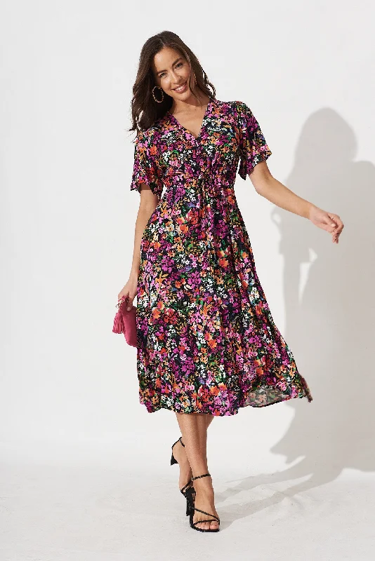 Everyday Dress with Quick - dry Fabric for Water - related Fun Melody Midi Dress In Black Multi Floral Everyday Dress with Quick - dry Fabric for Water - related Fun Melody Midi Dress In Black Multi Floral