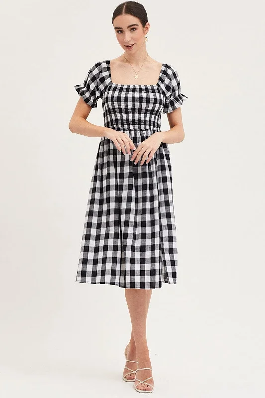 Midi dresses with asymmetric hems for a fashion - forward and dynamic appearance Check Shirred Dress Short Sleeve Midi Midi dresses with asymmetric hems for a fashion - forward and dynamic appearance Check Shirred Dress Short Sleeve Midi